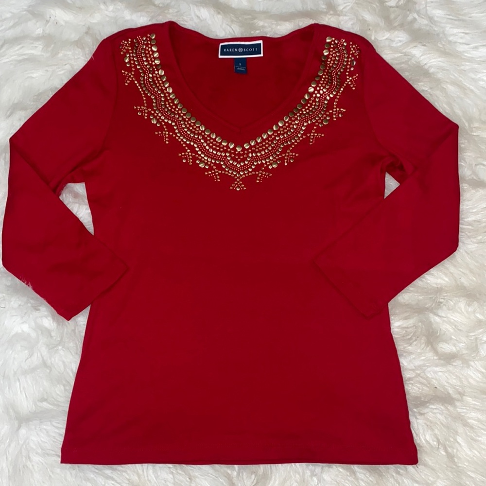 Karen Scott Red and Gold Rhinestone Mid Sleeve Top